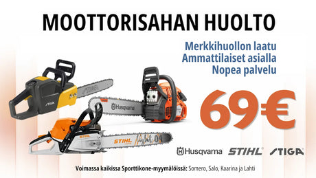 Moottorisahan huolto nyt 69€ marraskuun loppuun asti.